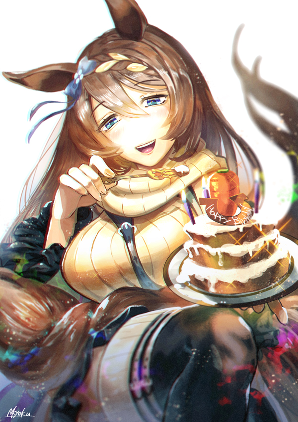 1girl :d animal_ears bangs black_skirt blue_bow blue_eyes bow braid breasts brown_hair cake carrot chocolate_cake eyebrows_visible_through_hair food fork hair_between_eyes hair_bow happy_birthday holding holding_fork horse_ears horse_girl horse_tail icing large_breasts light_particles long_hair looking_at_viewer miniskirt multicolored_hair nkyoku no_nose open_mouth plate pleated_skirt ribbed_sweater simple_background skirt smile super_creek_(umamusume) sweater tail tareme teeth thigh-highs turtleneck turtleneck_sweater two-tone_hair umamusume very_long_hair white_background white_hair white_sweater zettai_ryouiki