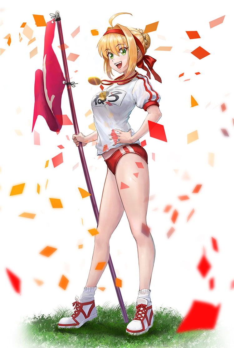 1girl ahoge bangs blonde_hair blush braid breasts buruma fate/extra fate/grand_order fate_(series) flag french_braid full_body green_eyes gym_shirt gym_uniform hair_between_eyes hair_bun hair_intakes headband holding holding_flag large_breasts long_hair looking_at_viewer medal name_tag nero_claudius_(fate) nero_claudius_(fate)_(all) olympian_bloomers open_mouth red_buruma red_headband shirt smile solo sterben