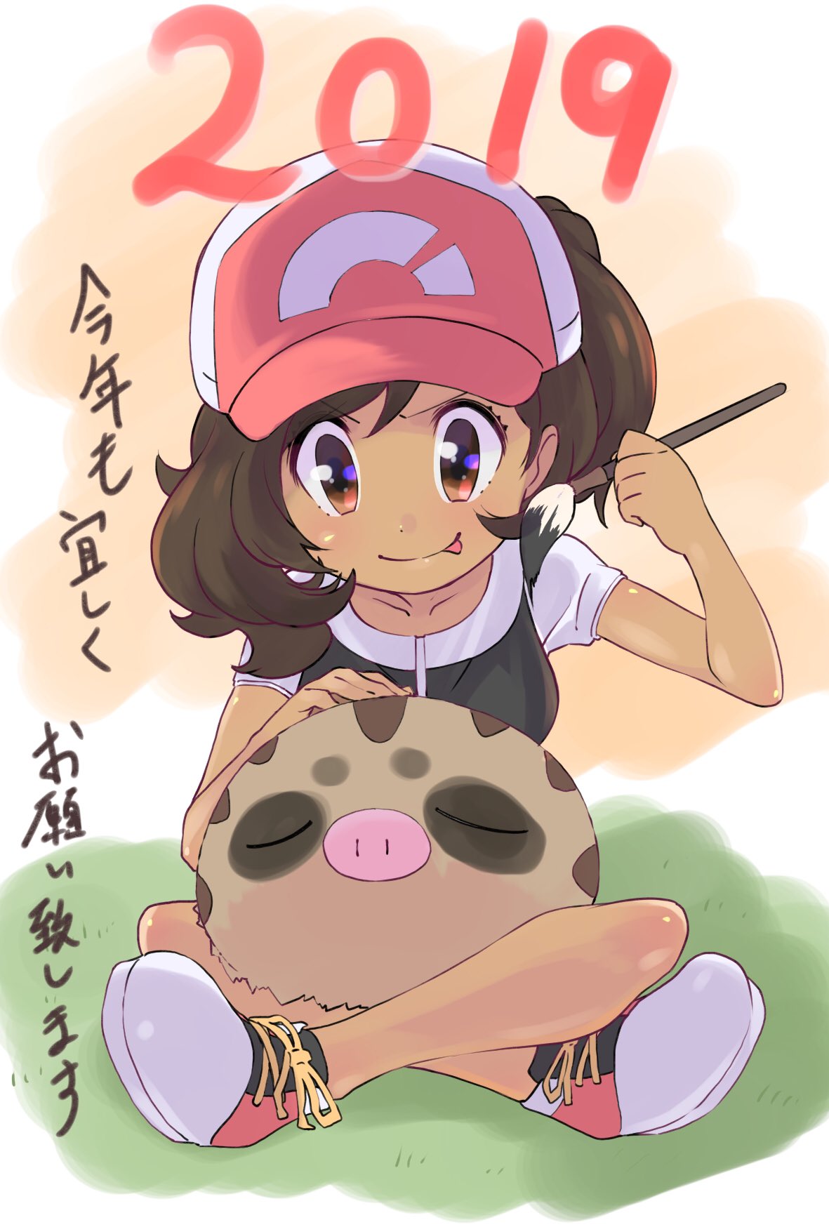 1girl 2019 :p bangs baseball_cap brown_eyes brown_hair closed_mouth collarbone commentary_request elaine_(pokemon) eyelashes gen_2_pokemon grass hat highres holding holding_paintbrush looking_down ohashi_aito paintbrush painting pokemon pokemon_(creature) pokemon_(game) pokemon_lgpe shirt shoes short_sleeves sitting smile sneakers swinub tongue tongue_out translation_request white_footwear