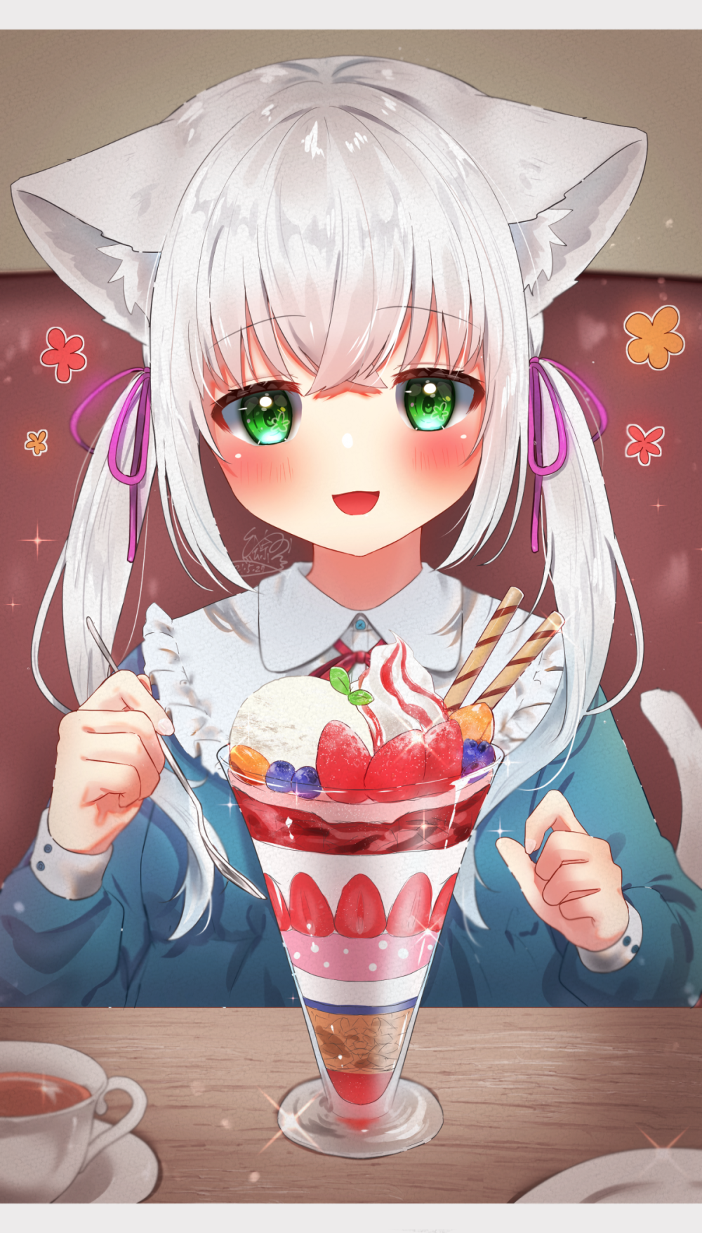 1girl :d animal_ears blueberry cat_ears cat_girl cat_tail commentary cup dated food fruit green_eyes hair_ribbon highres holding holding_spoon indoors long_sleeves looking_at_viewer michiru_donut open_mouth original parfait pink_ribbon ribbon signature sitting smile solo sparkle spoon strawberry sweets tail teacup white_hair