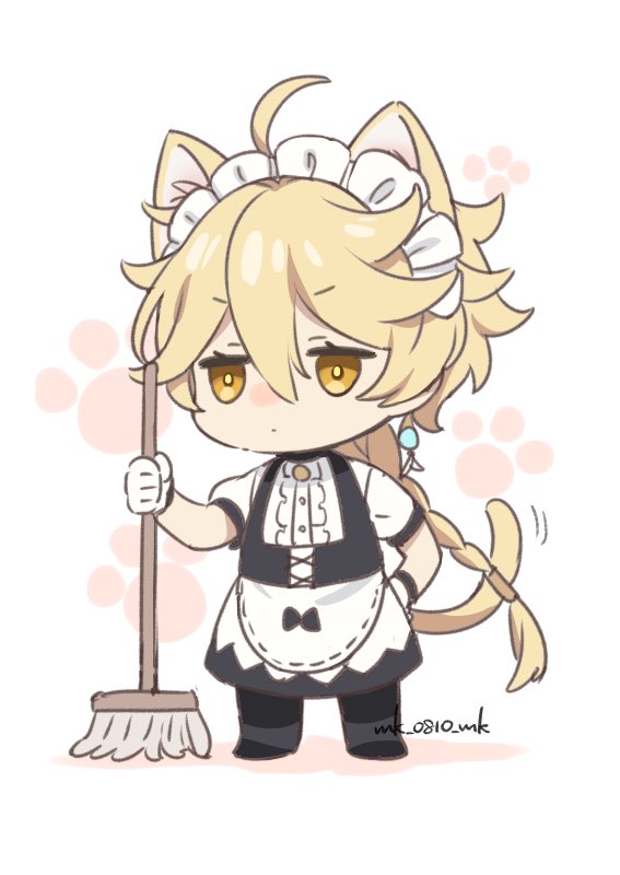 1boy aether_(genshin_impact) alternate_costume animal_ears apron ar_(rikuesuto) bangs blonde_hair cat_ears cat_tail chibi enmaided genshin_impact gloves hair_between_eyes jewelry long_hair maid maid_headdress male_focus short_sleeves simple_background single_earring solo standing tail twitter_username white_apron white_gloves yellow_eyes
