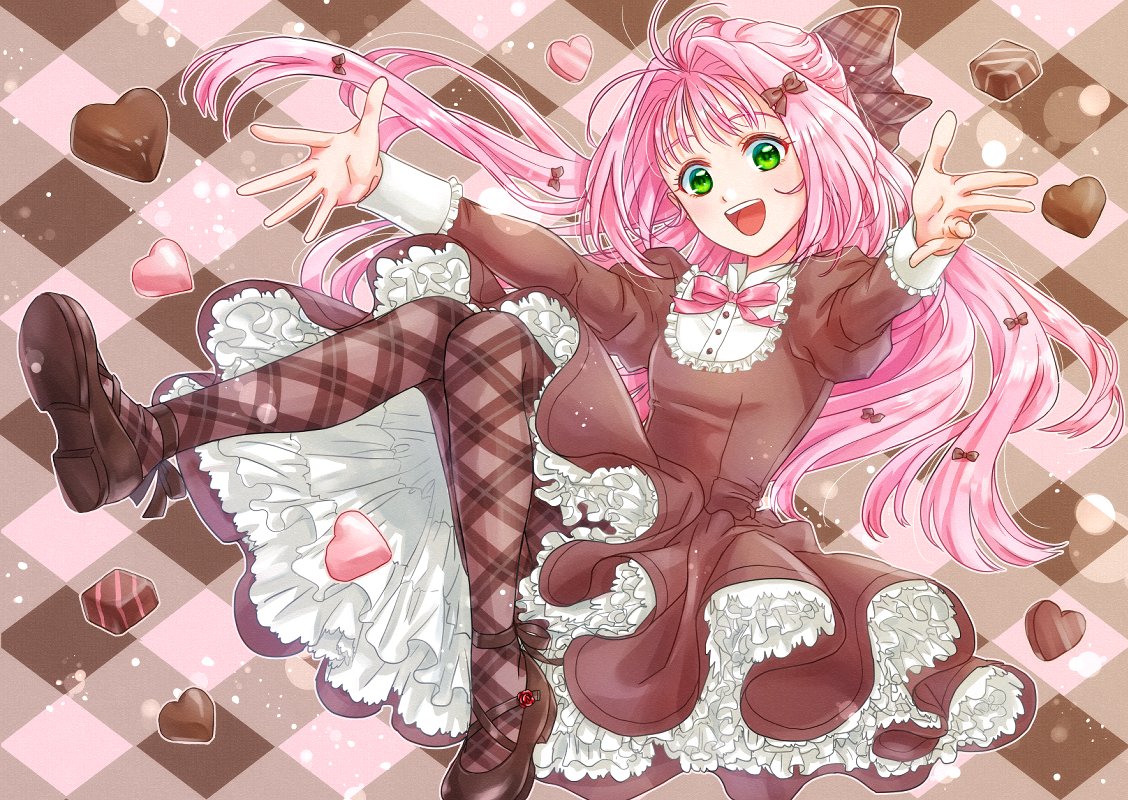 1girl :d akira_ituki argyle argyle_background bangs bow brown_bow brown_dress brown_legwear candy chocolate chocolate_heart dress floating_hair food green_eyes hair_bow hair_intakes heart layered_dress long_hair long_sleeves macross macross_7 mylene_jenius neck_ribbon open_mouth outstretched_arms outstretched_hand pantyhose pink_hair pink_ribbon plaid plaid_bow ribbon shiny shiny_hair smile solo very_long_hair