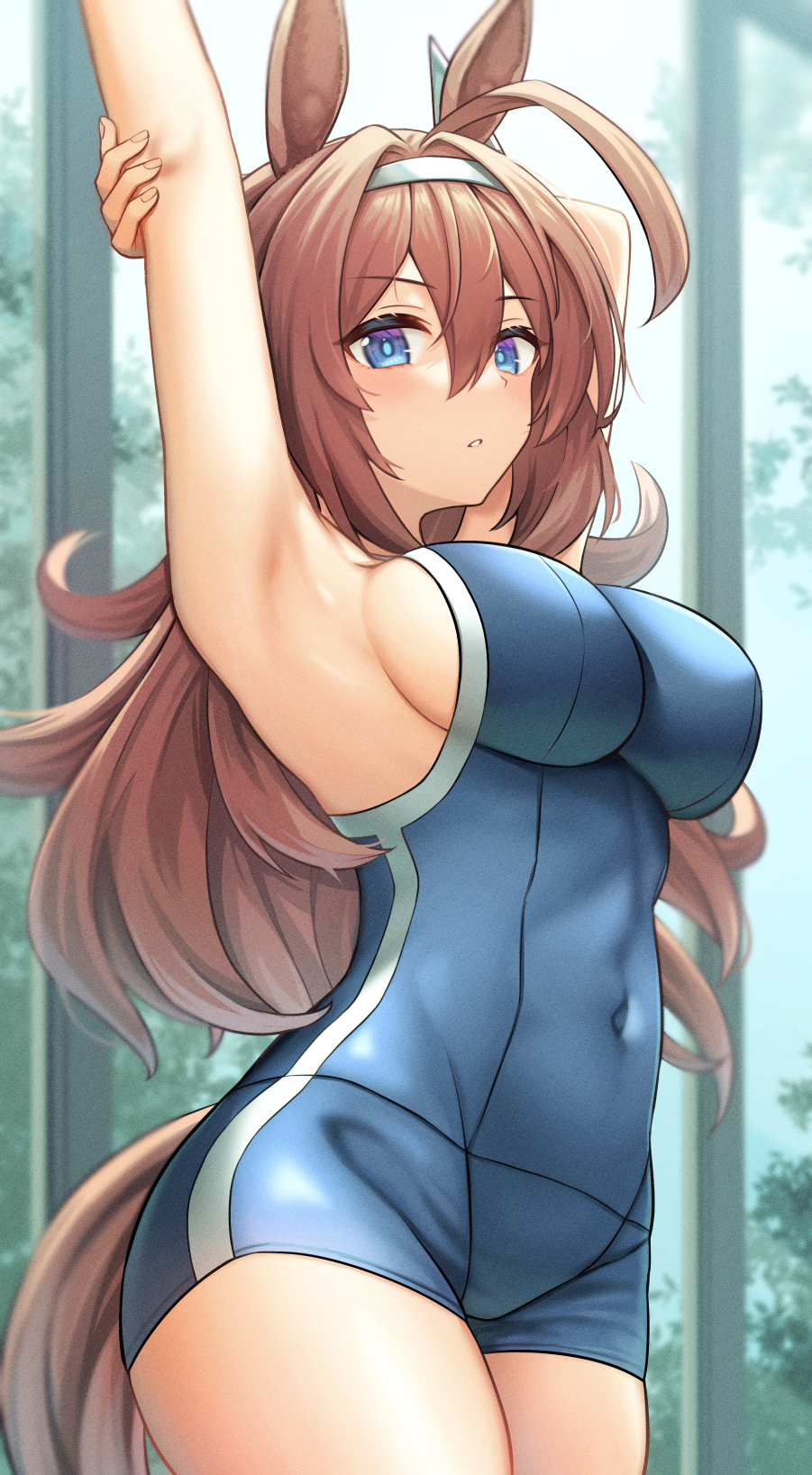 1girl ahoge animal_ears armpits arms_up bangs blue_eyes blush breasts brown_hair commentary_request competition_school_swimsuit covered_navel cowboy_shot hair_between_eyes hairband highres horse_ears horse_girl horse_tail impossible_clothes impossible_swimsuit large_breasts long_hair looking_at_viewer mihono_bourbon_(umamusume) murousaisei123 parted_lips school_swimsuit sideboob solo stretch swimsuit tail umamusume very_long_hair white_hairband