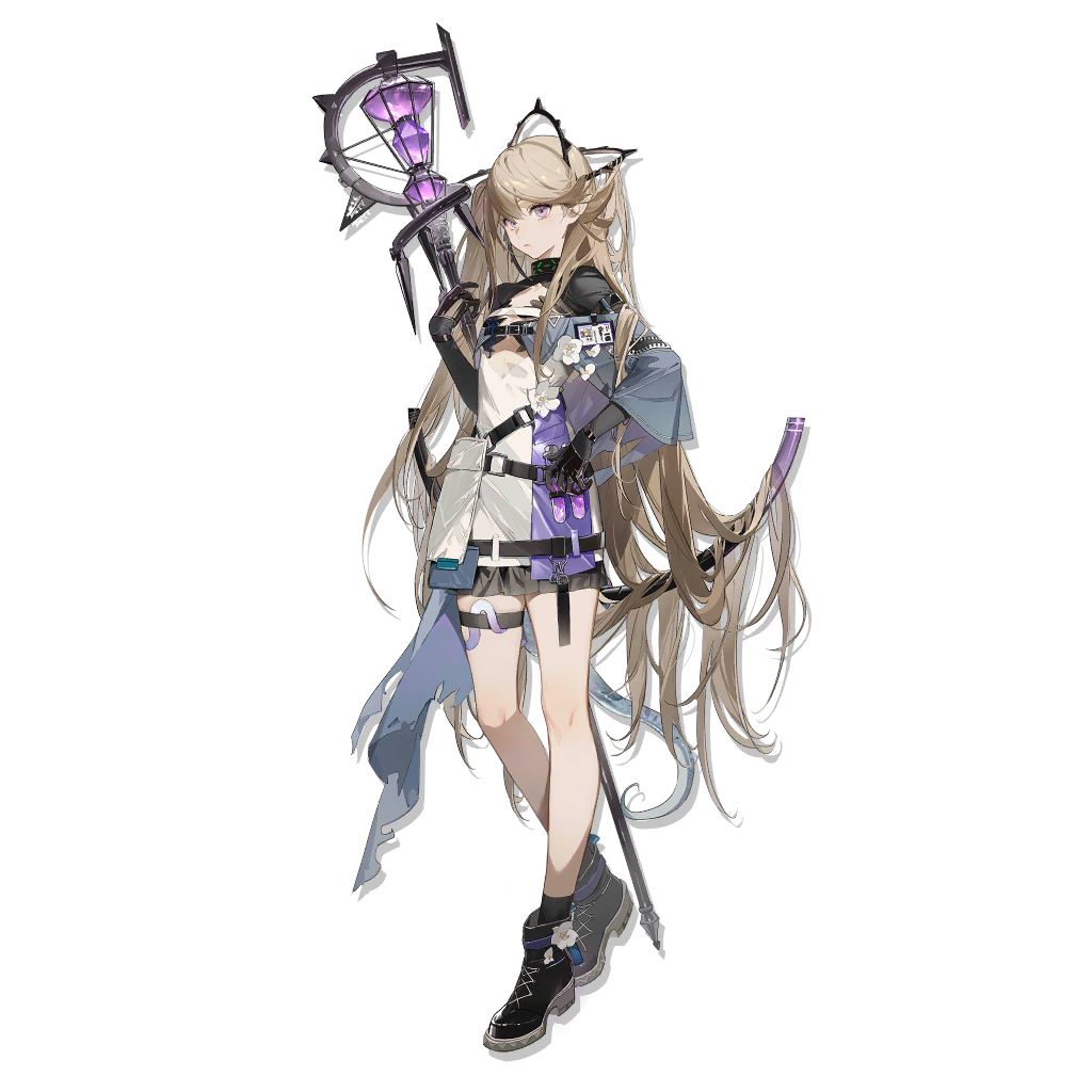 1girl arknights bangs black_footwear black_gloves dress full_body gloves grey_eyes hand_on_hip hand_up indigo_(arknights) long_hair looking_at_viewer official_art pointy_ears shoes short_dress silver_hair solo staff standing thigh_strap transparent_background very_long_hair white_dress zhibuji_loom