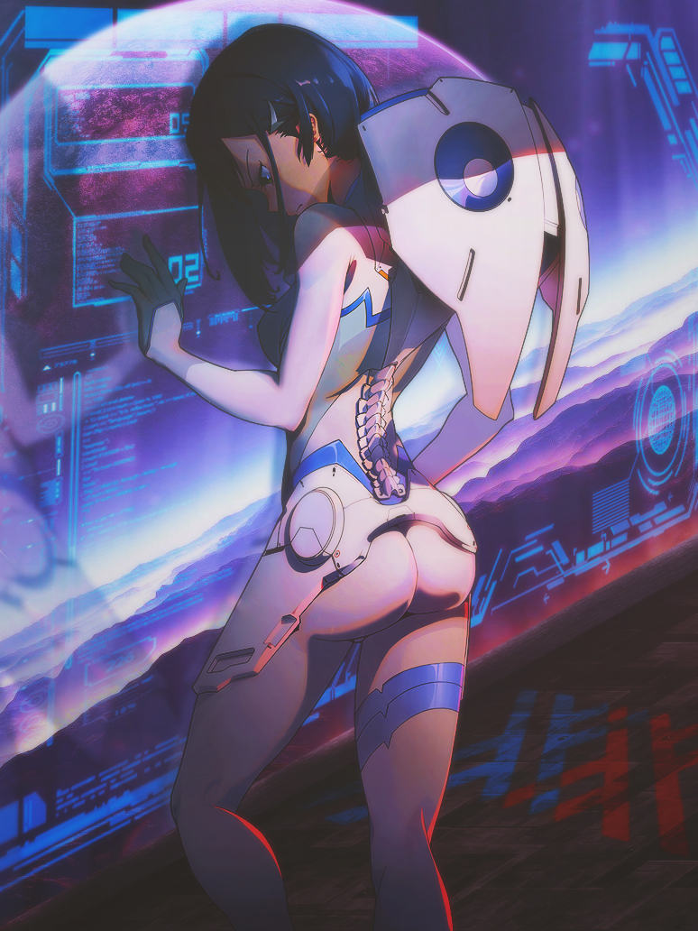 1girl against_wall ass bangs blue_hair blue_stripes bob_cut bodysuit breasts commentary dinocozero english_commentary facing_away from_behind green_eyes hair_ornament hairclip hand_on_wall hill holographic_interface ichigo_(darling_in_the_franxx) landscape long_bangs looking_down pilot_suit planet shaded_face short_hair small_breasts solo standing unhappy white_bodysuit