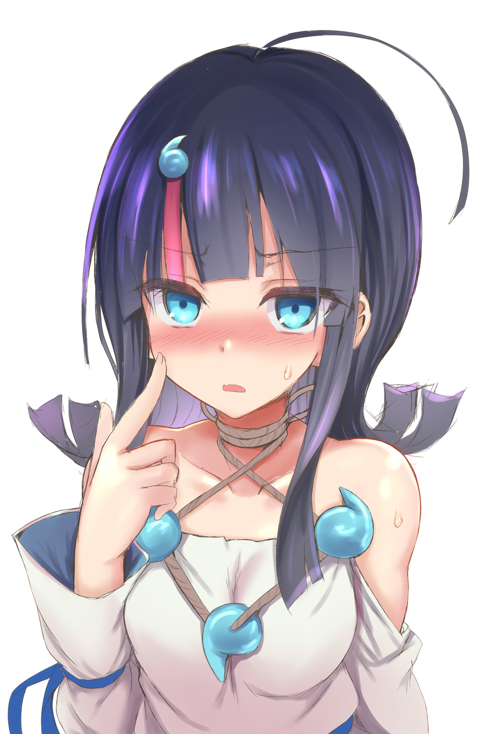 1girl bangs bare_shoulders black_hair blue_eyes blue_ribbon blush breasts collarbone dress fate/grand_order fate/requiem fate_(series) highres jewelry large_breasts long_sleeves looking_at_viewer magatama magatama_hair_ornament magatama_necklace medium_hair multicolored_hair necklace open_mouth pink_hair puffy_long_sleeves puffy_sleeves ribbon sen_(astronomy) sideboob sideless_outfit solo streaked_hair utsumi_erise white_dress