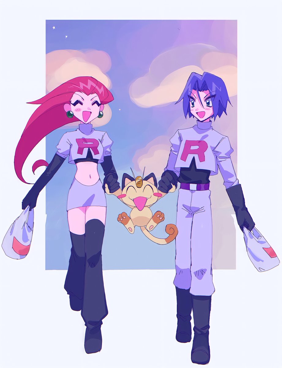 1boy 1girl ameya_(okemu_ame) flower gen_1_pokemon green_eyes highres james_(pokemon) jessie_(pokemon) meowth pokemon pokemon_(anime) purple_hair rose team_rocket