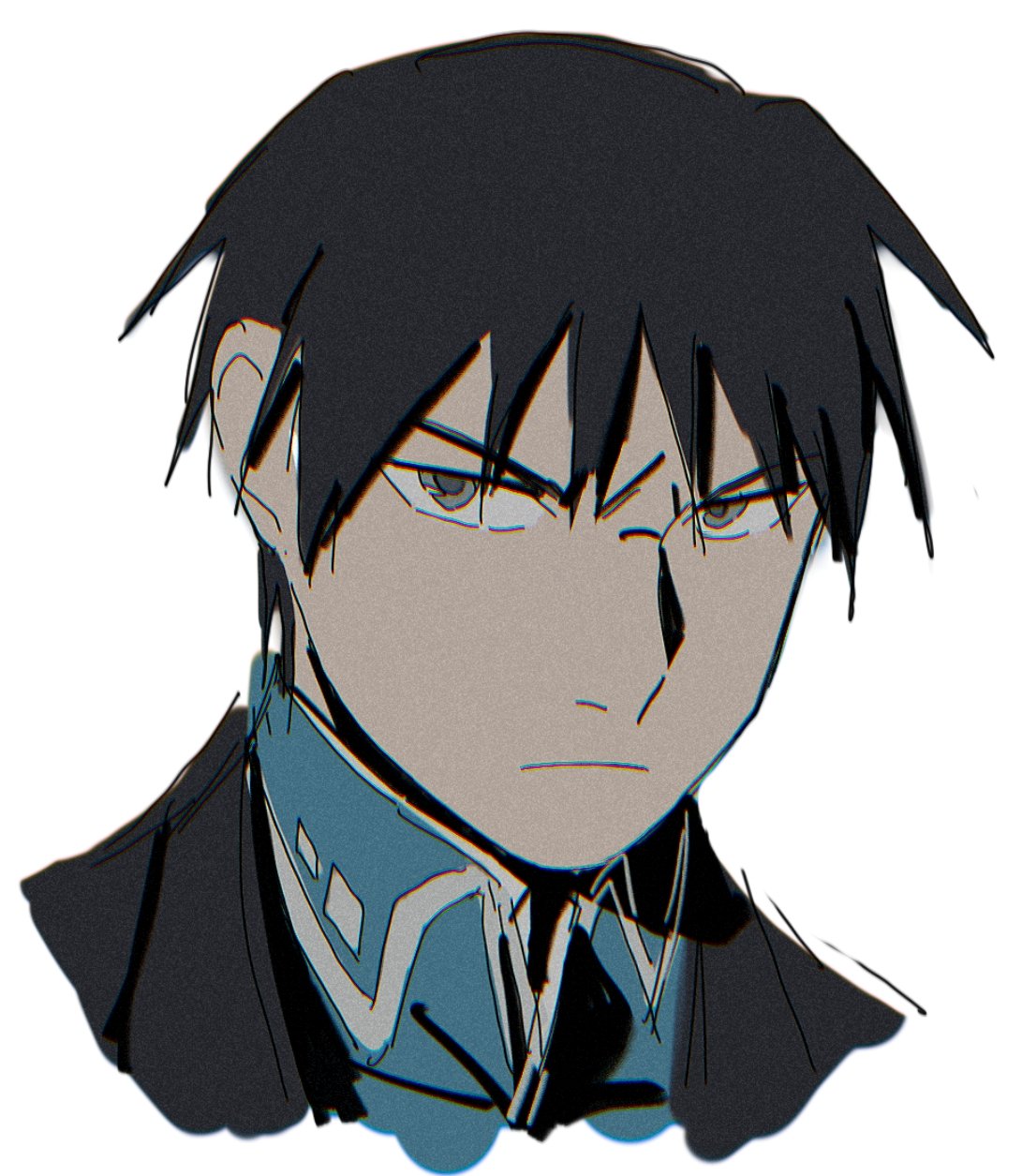 1boy amestris_military_uniform black_coat black_hair black_outline blue_jacket chromatic_aberration close-up closed_mouth coat collared_jacket cropped_shoulders doya eyebrows_visible_through_hair face facing_viewer frown fullmetal_alchemist grey_eyes highres jacket looking_afar looking_to_the_side male_focus muted_color outline roy_mustang serious simple_background spiky_hair tsurime white_background