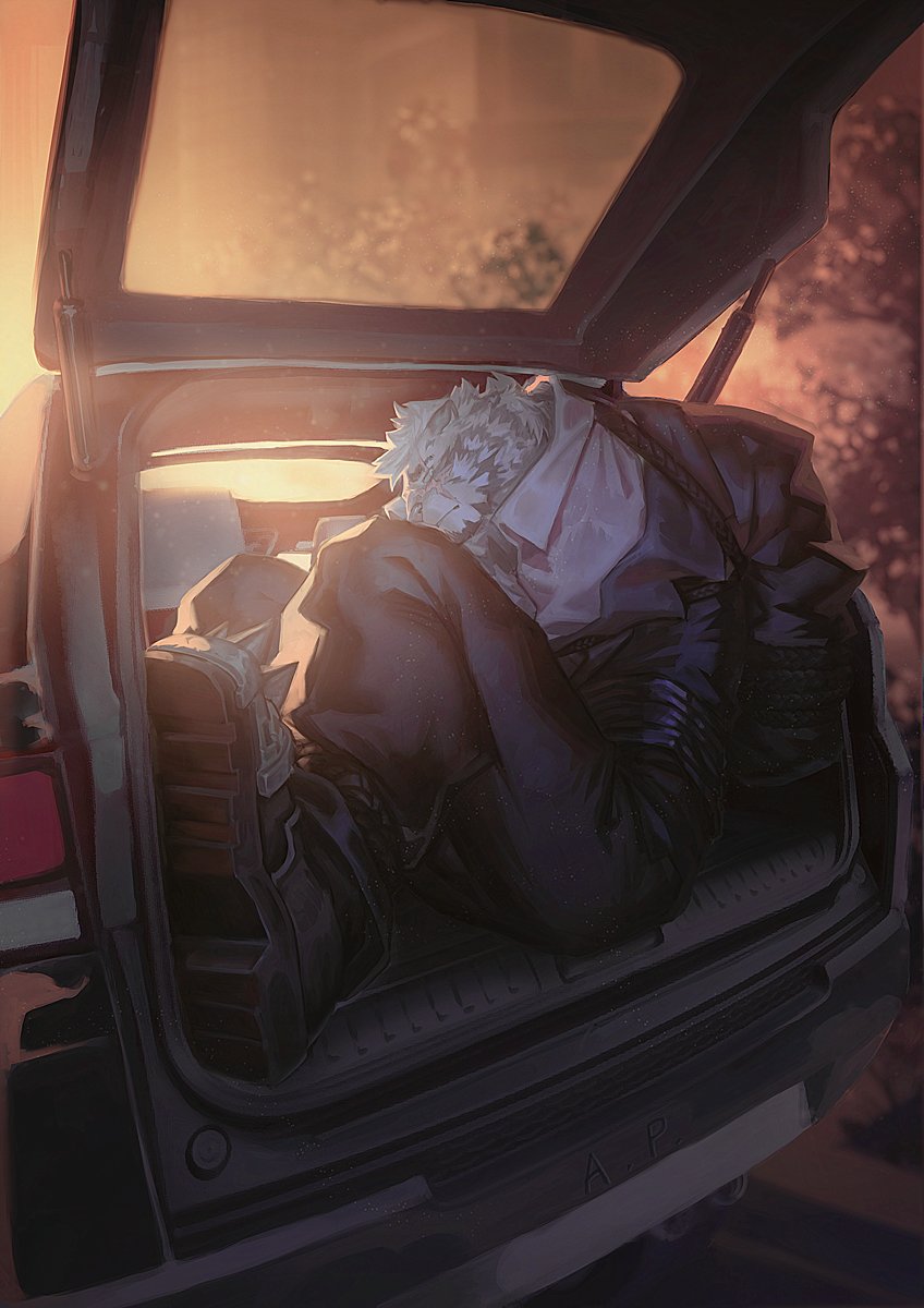 1boy animal_ears arknights black_jacket black_pants car fluffy formal furry ground_vehicle highres jacket lanoodles male_focus motor_vehicle mountain_(arknights) official_alternate_costume pants scar scar_across_eye short_hair sleeping solo tiger_boy tiger_ears white_fur white_hair