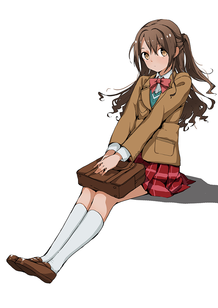 1girl bag blue_vest bow bowtie brown_eyes brown_footwear brown_hair brown_jacket closed_mouth collared_shirt doushimasho full_body idolmaster idolmaster_cinderella_girls invisible_chair jacket loafers long_sleeves looking_at_viewer miniskirt one_side_up pink_bow pink_neckwear pleated_skirt red_bow red_neckwear red_skirt school_bag school_uniform shimamura_uzuki shirt shoes simple_background sitting skirt socks solo vest white_background white_legwear white_shirt wing_collar