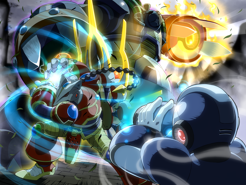 3boys android arm_cannon armor bamboo_pandamonium_(mega_man) battle blue_headwear braid braided_ponytail commentary_request electricity energy_ball fire hand_on_own_arm helmet legs_apart long_hair male_focus mega_man_(series) mega_man_x8 mega_man_x:_command_mission mega_man_x_(character) mega_man_x_(series) multiple_boys napo ninetails_(mega_man) powering_up robot_ears single_braid standing weapon wind