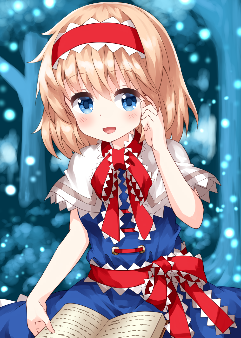 1girl :d alice_margatroid bangs blonde_hair blue_background blue_dress blue_eyes blurry blurry_background book capelet dress eyebrows_visible_through_hair forest frilled_ribbon frills hairband hand_in_hair highres holding holding_book light_particles lolita_hairband looking_at_viewer nature open_book open_mouth outdoors red_hairband red_ribbon ribbon ruu_(tksymkw) short_hair smile solo touhou white_capelet