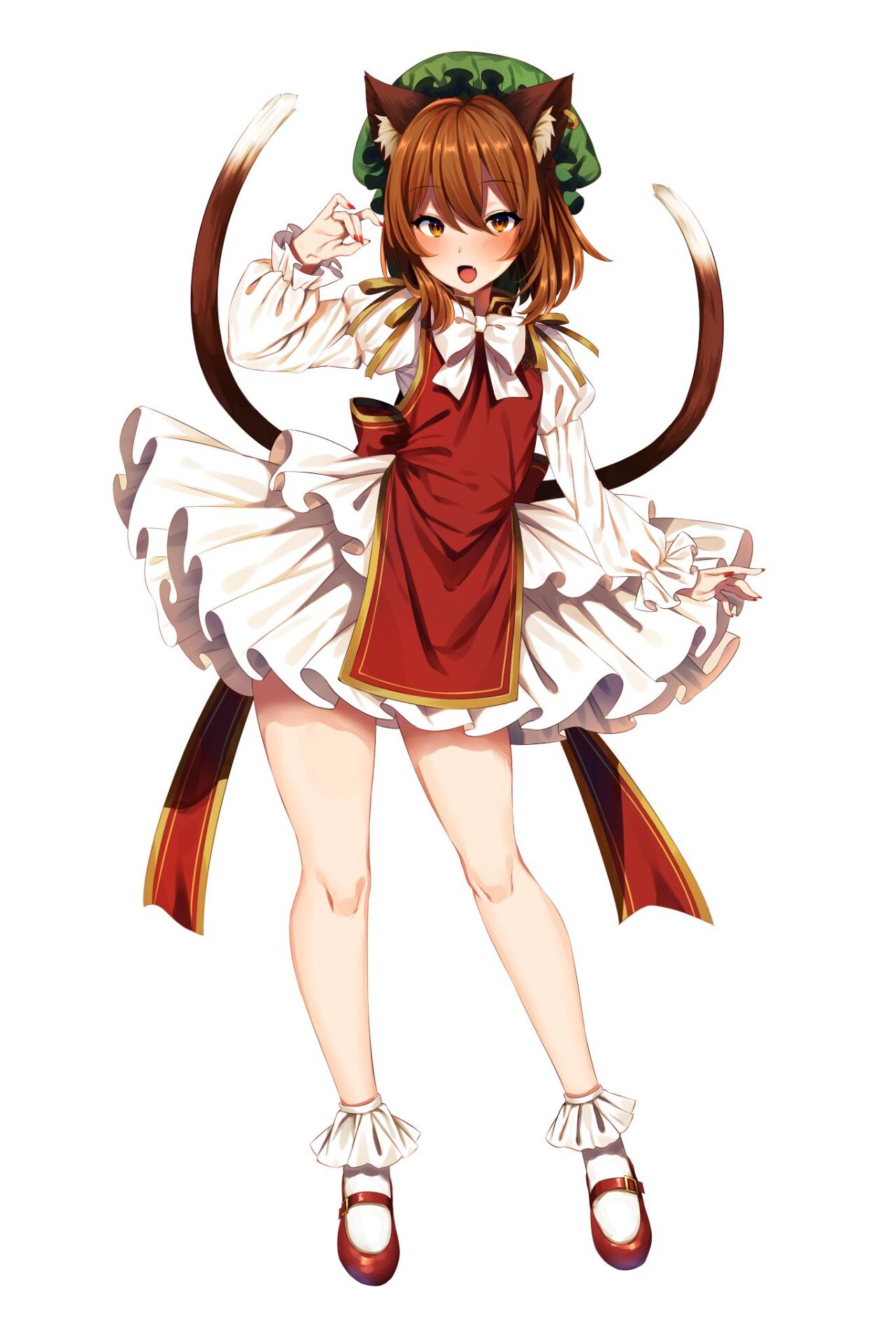 1girl :d animal_ear_fluff animal_ears blush brown_eyes brown_hair cat_ears cat_tail chen contrapposto dress fox_shadow_puppet full_body gold_trim hat highres jewelry juliet_sleeves long_sleeves looking_at_viewer marota medium_hair mob_cap multiple_tails nekomata open_mouth puffy_sleeves red_dress second-party_source simple_background single_earring smile solo tail touhou two_tails white_background