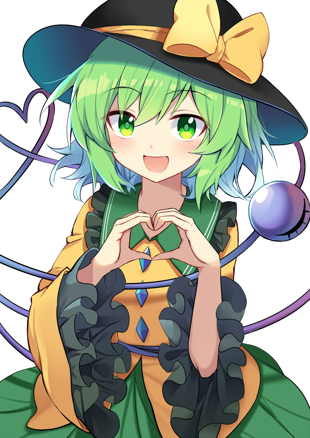 1girl :d bangs black_headwear bow cowboy_shot e.o. eyebrows_visible_through_hair frilled_sleeves frills green_eyes green_hair green_skirt hat hat_bow heart heart_hands heart_of_string highres komeiji_koishi long_sleeves looking_at_viewer open_mouth shirt short_hair simple_background skirt smile solo standing third_eye touhou white_background wide_sleeves yellow_bow yellow_shirt