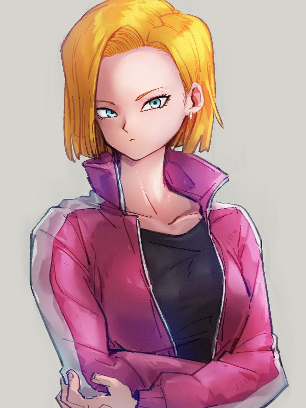 1girl android_18 black_shirt blonde_hair blue_eyes closed_mouth collarbone dragon_ball dragon_ball_super earrings grey_background jacket jewelry kemachiku long_sleeves looking_at_viewer open_clothes open_jacket pink_jacket shirt short_hair simple_background solo upper_body