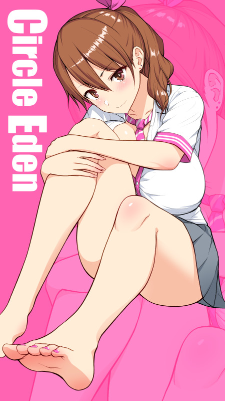 1girl barefoot blush bow breast_press breast_squeeze breasts brown_eyes brown_hair diisuke grey_skirt hair_between_eyes hair_bow large_breasts leg_hug long_hair looking_at_viewer miniskirt original pink_background pink_bow pink_nails pleated_skirt school_uniform shirt sitting skirt smile soles solo toenail_polish toenails white_shirt zoom_layer