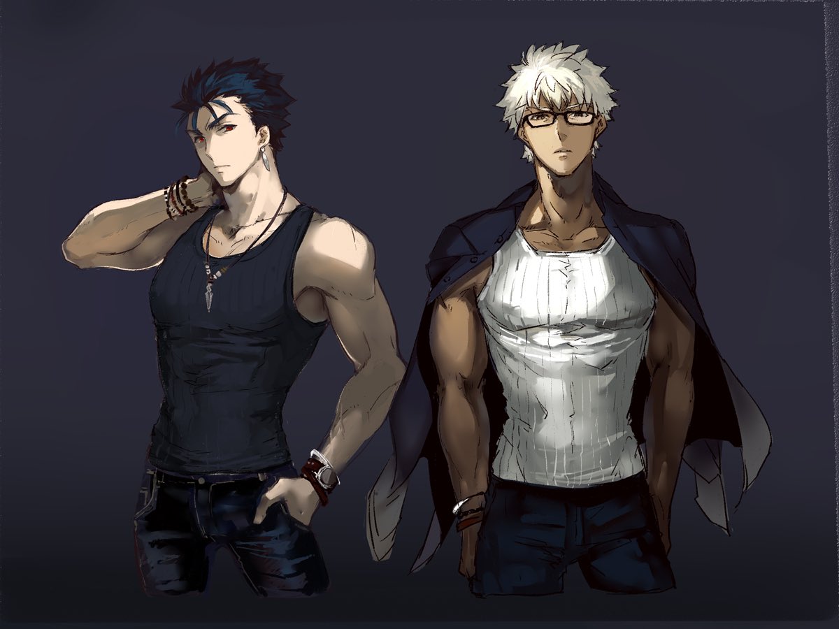2boys alternate_costume alternate_hairstyle angry archer_(fate) bespectacled biceps black_tank_top blue_hair bracelet closed_mouth contemporary cu_chulainn_(fate)_(all) cu_chulainn_(fate/stay_night) dark-skinned_male dark_skin denim earrings fate/stay_night fate_(series) glasses hand_in_pocket jacket jacket_on_shoulders jeans jewelry looking_at_viewer male_focus multiple_boys muscular muscular_male necklace pants pectorals red_eyes ribbed_tank_top shibanui spiky_hair tank_top white_hair white_tank_top