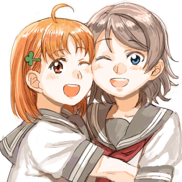 2girls :d ahoge blue_eyes brown_hair cheek-to-cheek clover_hair_ornament fukutarou_(enji127) hair_ornament hug looking_at_viewer love_live! love_live!_sunshine!! multiple_girls one_eye_closed open_mouth orange_eyes orange_hair school_uniform serafuku short_hair sketch smile takami_chika upper_body watanabe_you yuri