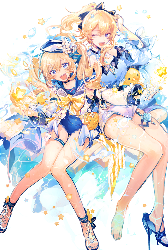 2girls ayano_(katou) bangs barbara_pegg blonde_hair blue_eyes blue_footwear blue_sailor_collar bow breasts detached_sleeves drill_hair flower genshin_impact hair_between_eyes hair_ornament hat jean_gunnhildr long_hair multiple_girls official_alternate_costume one-piece_swimsuit one_eye_closed open_mouth ponytail rubber_duck sailor_collar sandals shoes simple_background single_shoe sisters sitting star_(symbol) swimsuit thigh_strap twin_drills twintails water white_background white_flower yellow_bow