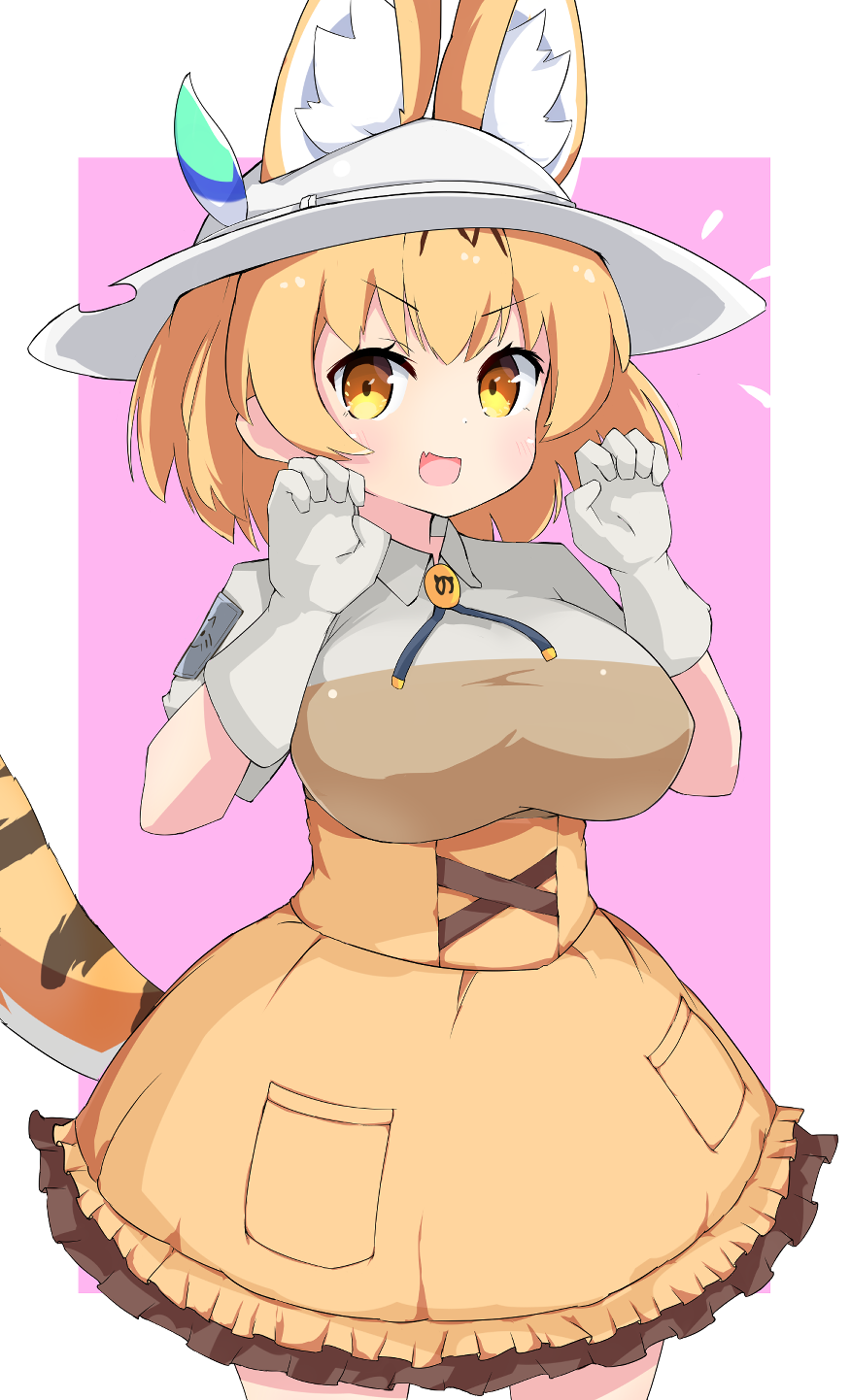 1girl :d animal_ear_fluff animal_ears berusa_(berutoo) breasts claw_pose cowboy_shot dress gloves hat highres kemono_friends kemono_friends_3 large_breasts light_blush open_mouth orange_dress pink_background serval_(kemono_friends) serval_ears serval_tail simple_background smile solo tail v-shaped_eyebrows white_gloves