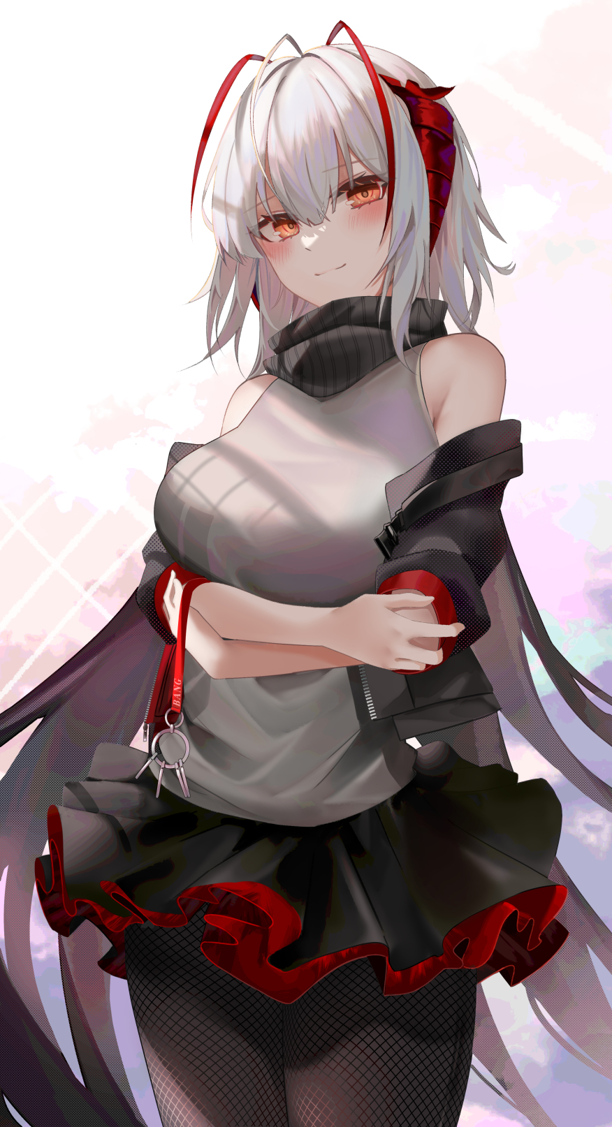 1girl arknights arms_under_breasts bangs bare_shoulders black_gloves black_jacket black_legwear black_skirt breasts cowboy_shot crossed_arms gloves grey_shirt highres horns jacket long_hair looking_at_viewer open_clothes open_jacket pantyhose red_eyes ru_zhai scarf shirt silver_hair simple_background skirt sleeveless sleeveless_shirt smile solo w_(arknights) white_background
