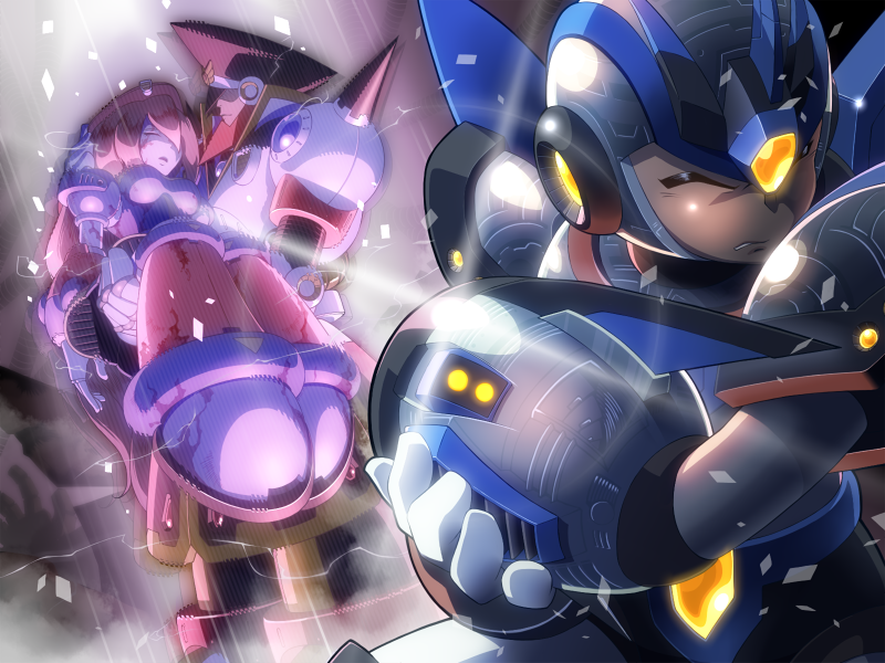 1girl 2boys android arm_cannon armor beret black_headwear breasts brother_and_sister brown_hair carrying clenched_teeth closed_eyes colonel_(mega_man) commentary dress dutch_angle electricity facing_away glint gloves hair_over_one_eye hand_on_own_arm hat hat_over_eyes helmet iris_(mega_man) long_hair mega_man_(series) mega_man_x4 mega_man_x_(character) mega_man_x_(series) multiple_boys napo princess_carry red_headwear shoulder_armor shoulder_spikes siblings spikes standing teeth very_long_hair weapon white_gloves