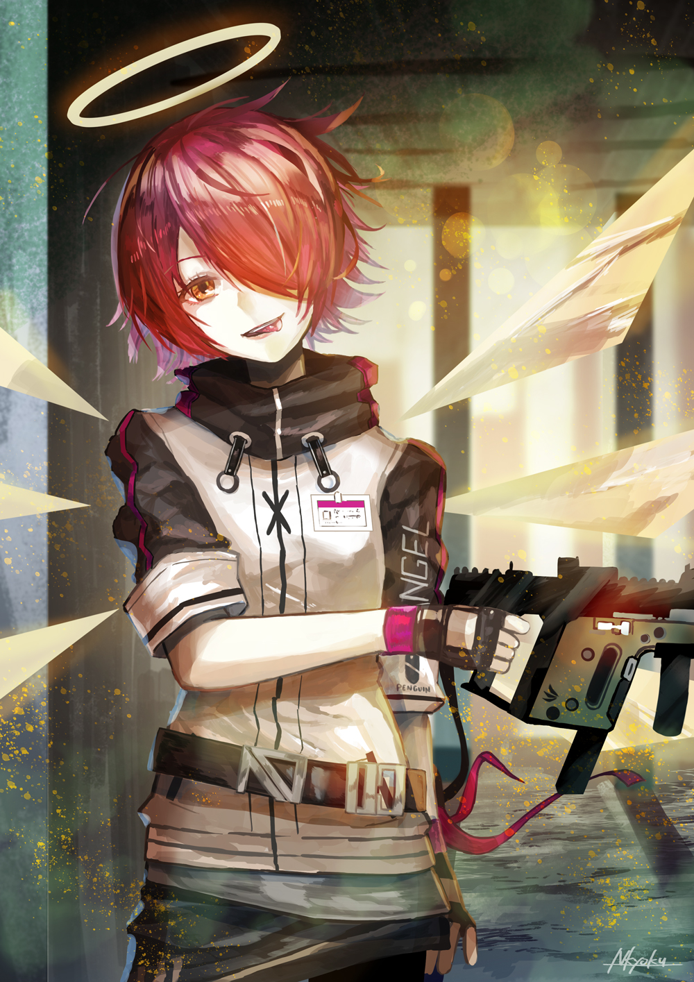 1girl arknights artist_name black_gloves clothes_writing detached_wings exusiai_(arknights) fingerless_gloves gloves gun hair_over_one_eye head_tilt highres holding holding_gun holding_weapon kriss_vector looking_at_viewer name_tag nkyoku open_mouth orange_eyes penguin_logistics_(arknights) redhead short_hair smile solo submachine_gun teeth tongue tongue_out weapon wings yellow_wings