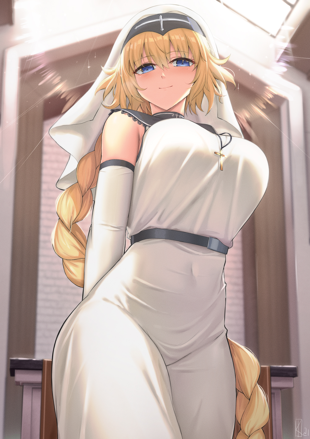 1girl arms_behind_back bangs blonde_hair blue_eyes blush braid braided_ponytail breasts cross cross_necklace detached_sleeves dress fate/apocrypha fate_(series) habit highres jeanne_d'arc_(fate) jeanne_d'arc_(fate)_(all) jewelry kakeku large_breasts long_braid long_hair looking_at_viewer necklace nun single_braid smile solo very_long_hair white_dress