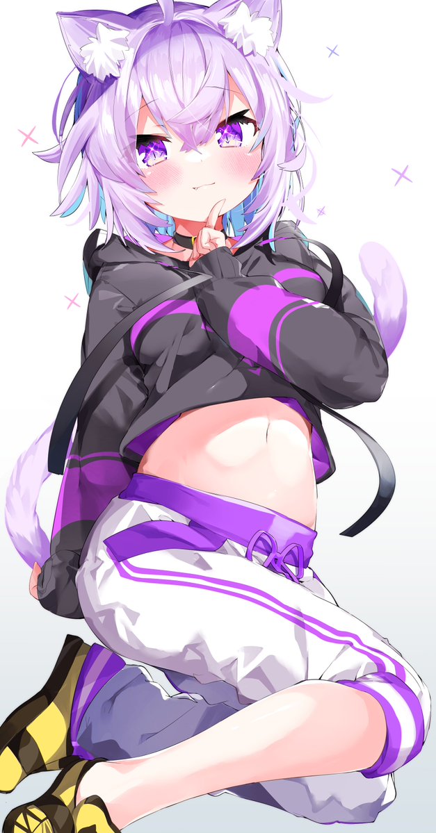 1girl ahoge animal_ears cat_ears cat_tail fang hololive hood hoodie kamioka_shun'ya midriff navel nekomata_okayu pants purple_hair sparkle tail violet_eyes virtual_youtuber