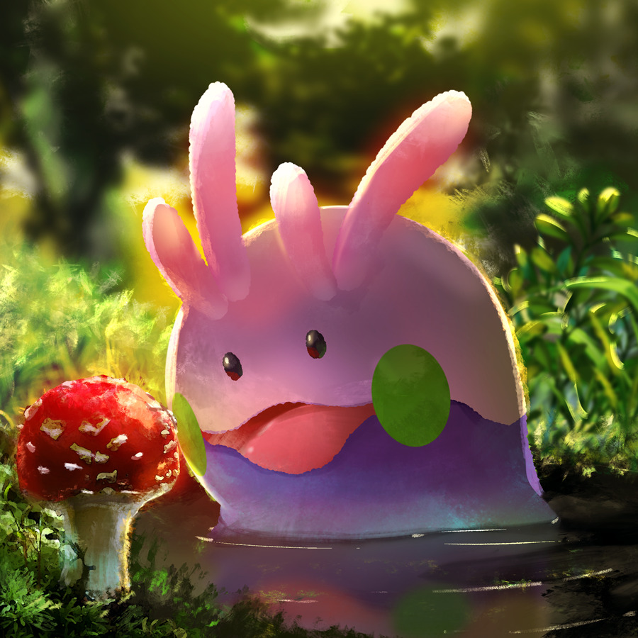 blurry blurry_background brown_eyes commentary_request day ekm gen_6_pokemon goomy grass no_humans open_mouth outdoors pokemon pokemon_(creature) ripples smile solo tongue water