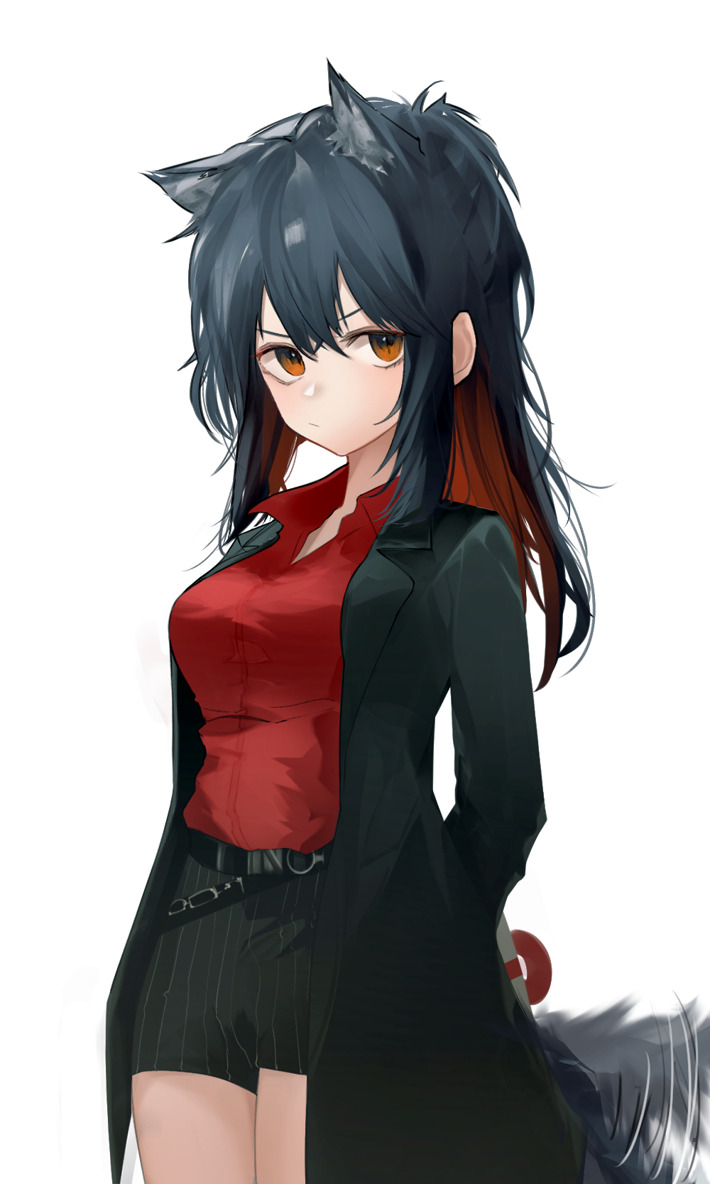 1girl animal_ear_fluff animal_ears arknights bangs black_coat black_hair breasts closed_mouth coat collared_shirt commentary_request cowboy_shot gift gloves highres holding holding_gift jacket korean_commentary long_hair long_sleeves looking_at_viewer medium_breasts official_alternate_costume open_clothes open_coat ponytail red_eyes red_gloves red_shirt runamonet shirt short_shorts shorts simple_background solo striped striped_shorts tail tail_wagging texas_(arknights) texas_(willpower)_(arknights) thigh_strap white_background wing_collar wolf_ears wolf_tail