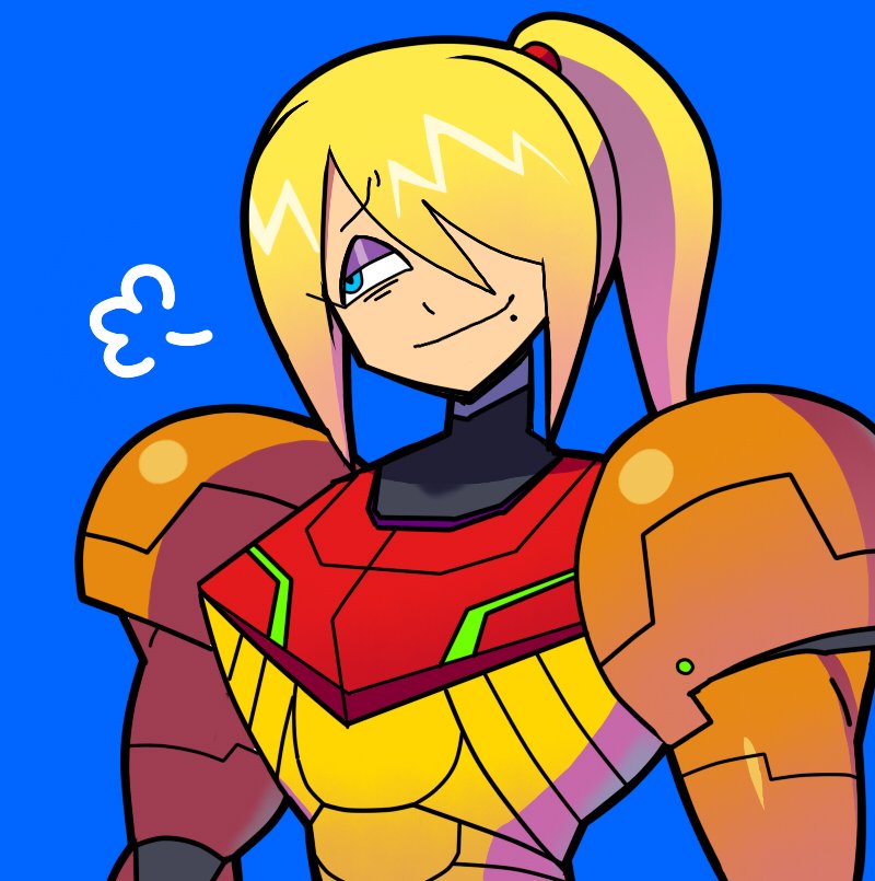 1girl armor bangs blonde_hair blue_background blue_eyes closed_mouth commentary denaseey english_commentary eyebrows_visible_through_hair eyeshadow hair_over_one_eye half-closed_eyes high_ponytail long_hair makeup metroid mole mole_under_mouth neon_trim one_eye_covered ponytail purple_eyeshadow samus_aran sidelocks simple_background smile smirk solo upper_body varia_suit