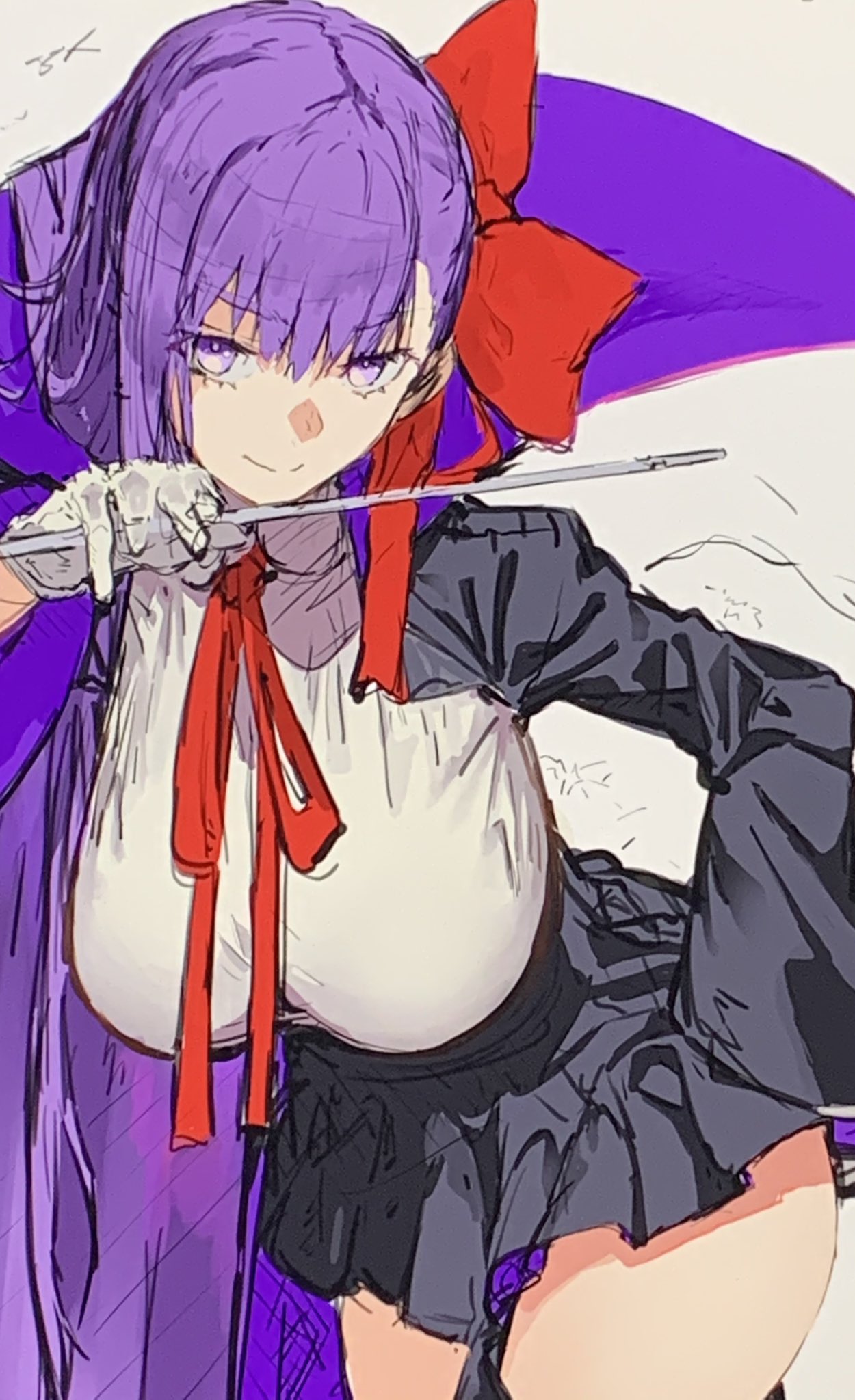 1girl bangs bb_(fate) bb_(fate)_(all) black_coat black_skirt breasts coat fate/extra fate/extra_ccc fate_(series) gloves hair_ribbon high-waist_skirt highres large_breasts leotard long_hair long_sleeves looking_at_viewer neck_ribbon open_clothes open_coat popped_collar purple_hair red_ribbon ribbon sa/tsu/ki sketch skirt smile solo thighs very_long_hair violet_eyes wand white_gloves white_leotard wide_sleeves