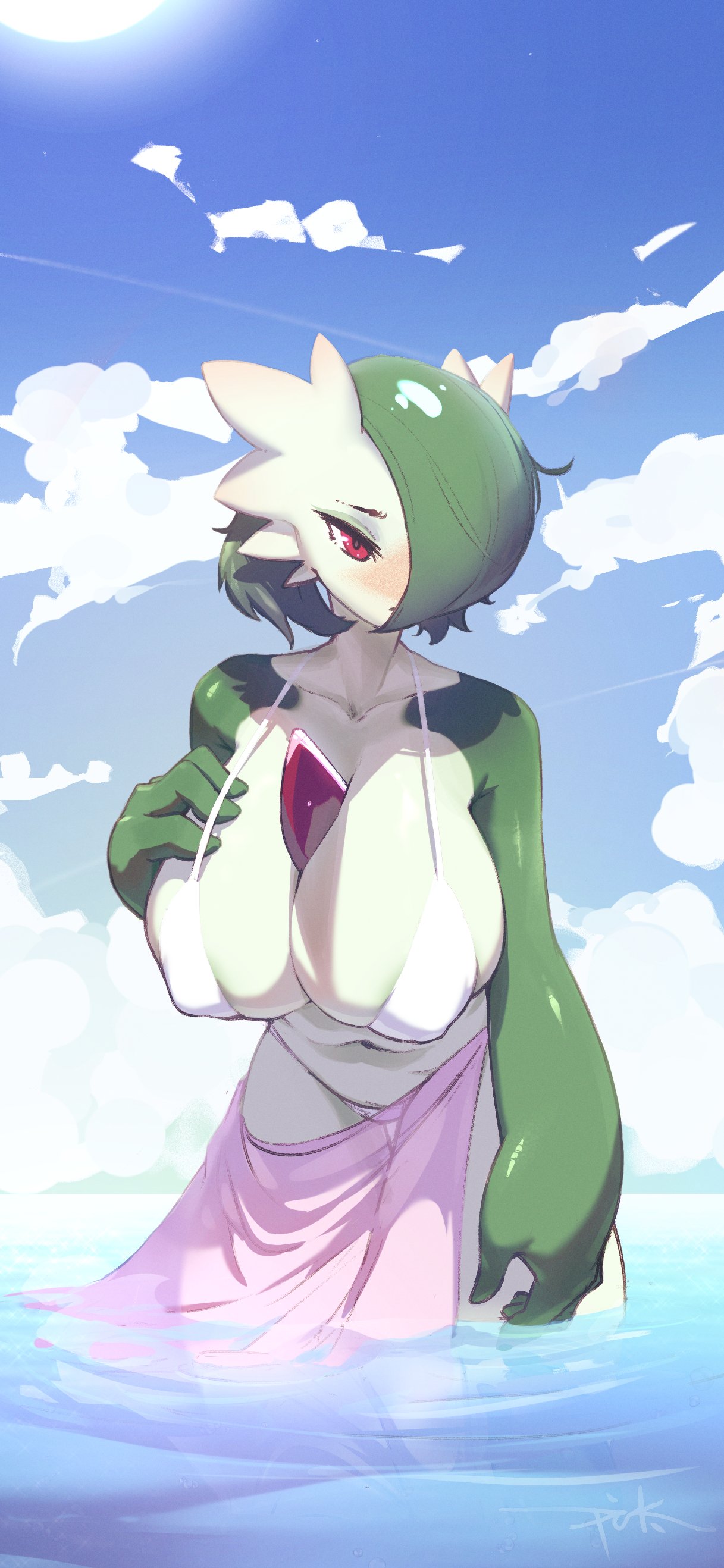 1girl absurdres bare_arms bare_shoulders bikini blush breasts clothed_pokemon clouds cloudy_sky colored_skin day gardevoir gen_3_pokemon green_hair green_skin hair_over_one_eye hand_on_own_chest highres huge_breasts looking_to_the_side multicolored multicolored_skin navel ocean outdoors partially_submerged pink_sarong pokemon pokemon_(creature) puk red_eyes sarong shiny shiny_skin short_hair signature sky solo standing swimsuit two-tone_skin wading water white_bikini white_skin