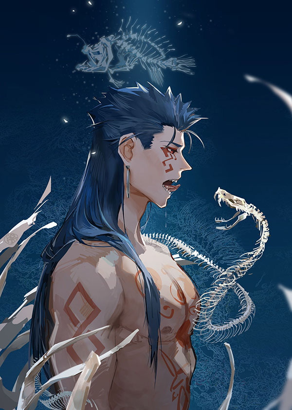 1boy biceps blue_hair bodypaint cu_chulainn_(fate)_(all) cu_chulainn_alter_(fate/grand_order) dark_persona earrings facepaint fate/grand_order fate_(series) fish from_side guttia jewelry long_hair male_focus muscular muscular_male nipples open_mouth pectorals red_eyes sharp_teeth shirtless skeleton snake solo spiky_hair teeth tongue tongue_out underwater water