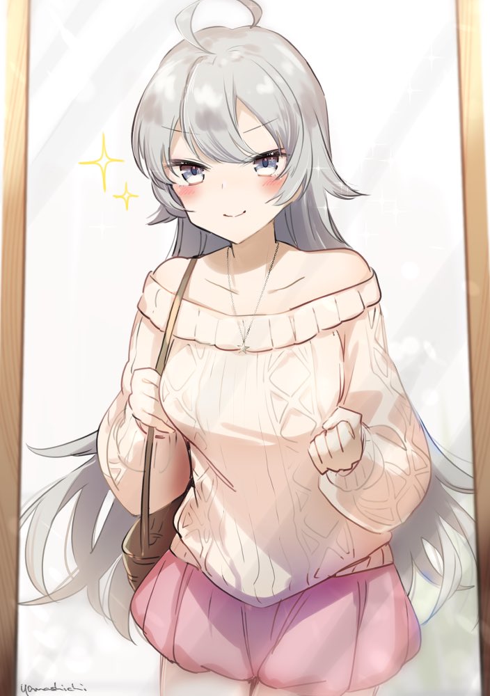 1girl ahoge bag beige_sweater commentary_request cowboy_shot grey_eyes kantai_collection long_hair looking_at_mirror looking_at_viewer mirror off-shoulder_sweater off_shoulder official_alternate_costume pink_skirt reflection silver_hair skirt solo sparkle sweater washington_(kancolle) yamashichi_(mtseven)