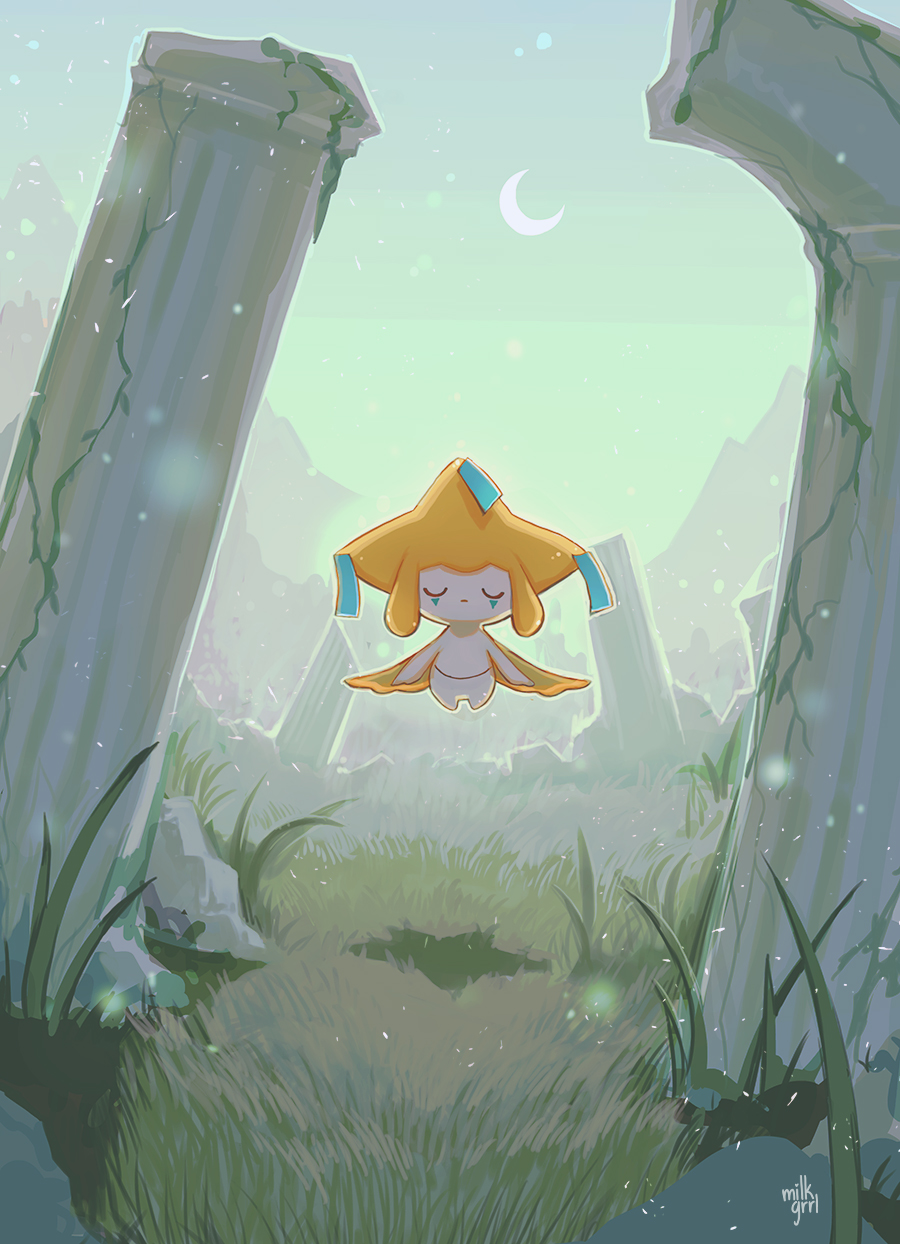 closed_eyes commentary crescent_moon facing_viewer floating gen_3_pokemon grass highres jirachi moon mythical_pokemon no_humans outdoors pillar plant pokemon pokemon_(creature) ruins shari_cote signature sky solo vines