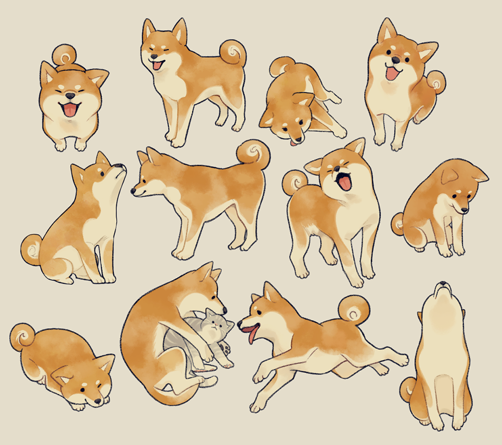 ._. beige_background brown_dog cat closed_eyes closed_mouth commentary_request curled_tail dog facing_viewer from_above from_side grey_cat ikkaf_sk looking_at_viewer looking_down looking_up lying multiple_views no_humans on_side one_eye_closed open_mouth original shiba_inu simple_background sitting standing tongue tongue_out |3 |d