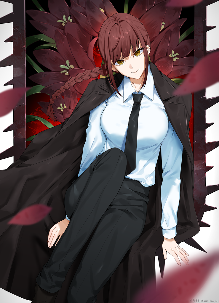 1girl artist_name bangs black_jacket black_pants braid braided_ponytail breasts chainsaw_man collared_shirt commentary eyebrows_visible_through_hair flower formal jacket jacket_on_shoulders large_breasts long_hair long_sleeves looking_at_viewer makima_(chainsaw_man) necktie pants red_flower redhead shirt sitting solo suit suusuke twitter_username white_shirt yellow_eyes