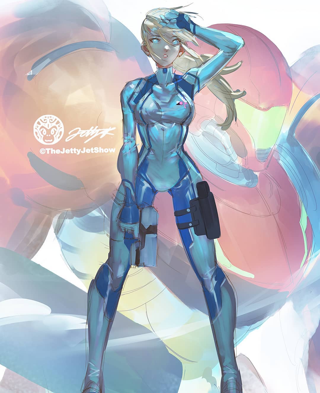 1girl aqua_bodysuit aqua_eyes arm_up artist_logo artist_name bangs blonde_hair bodysuit breasts commentary english_commentary feet_out_of_frame gun handgun highres holding holding_gun holding_weapon jet_kimchrea long_hair medium_breasts metroid ponytail projected_inset samus_aran sketch solo standing weapon work_in_progress zero_suit