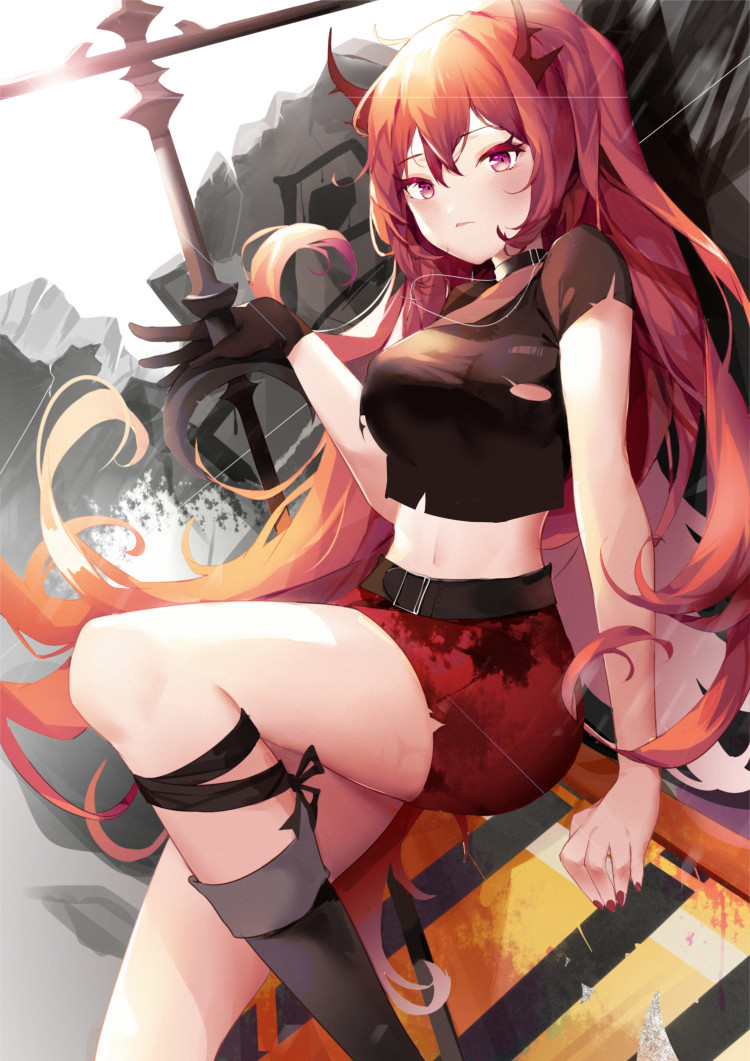 1girl arknights bangs bare_arms black_choker black_footwear black_shirt boots breasts chinese_commentary choker commentary_request crop_top hair_between_eyes horns leg_strap long_hair looking_at_viewer medium_breasts midriff miniskirt nail_polish navel official_alternate_costume pencil_skirt red_nails red_skirt redhead shirt short_sleeves sitting skirt solo stomach surtr_(arknights) surtr_(liberte_echec)_(arknights) thighs very_long_hair violet_eyes xiongshouji