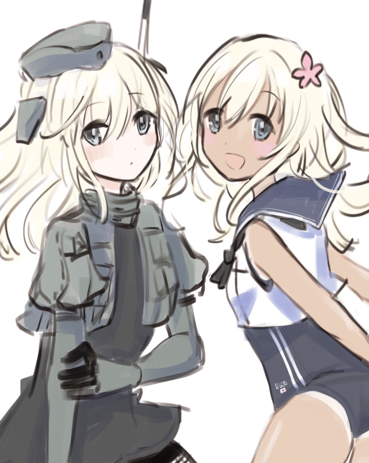 2girls bangs black_neckwear blonde_hair blue_eyes blue_sailor_collar blush cropped_jacket dual_persona eyebrows_visible_through_hair garrison_cap hat highres jacket kantai_collection long_hair looking_at_viewer momosio2f multiple_girls one-hour_drawing_challenge one-piece_swimsuit open_mouth ro-500_(kancolle) sailor_collar simple_background sleeveless swimsuit swimsuit_under_clothes tan tanline u-511_(kancolle) white_background