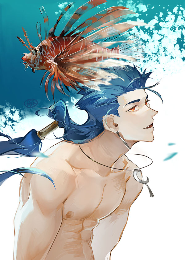 1boy 1other beads biceps blue_hair collarbone crescent_necklace cu_chulainn_(fate)_(all) cu_chulainn_(fate/stay_night) earrings fang fate_(series) fish floating_hair guttia hair_beads hair_ornament jewelry lionfish long_hair male_focus muscular muscular_male necklace open_mouth pectorals ponytail red_eyes shirtless smile solo spiky_hair