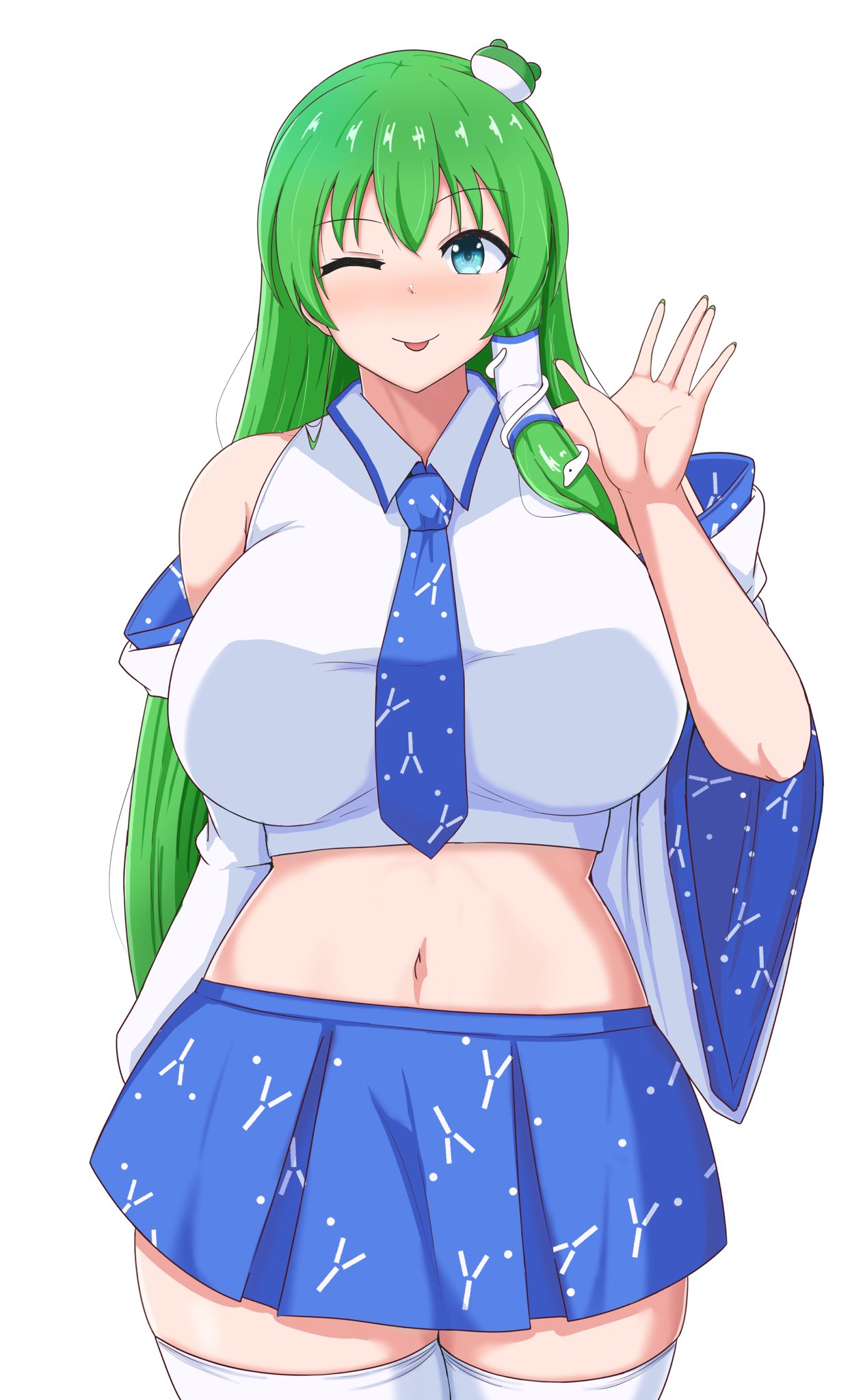 1girl ;p \||/ bare_shoulders blue_eyes blue_neckwear blue_skirt blush breasts cowboy_shot detached_sleeves frog_hair_ornament green_hair hair_ornament hair_tubes hand_up highres huge_breasts kochiya_sanae long_hair looking_at_viewer midarin midriff navel necktie nose_blush one_eye_closed simple_background skirt snake_hair_ornament solo thigh-highs tongue tongue_out touhou very_long_hair waving white_background white_legwear wide_sleeves