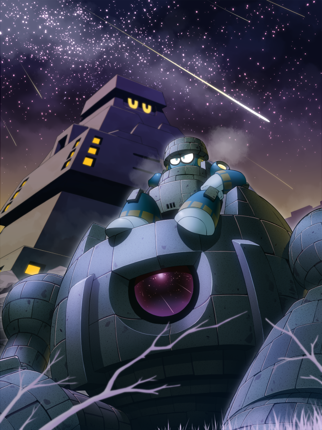 1boy android block_man blue_eyes branch breath commentary_request gloves grass green_eyes male_focus mega_man_(classic) mega_man_(series) mega_man_11 meteor_shower napo night night_sky outdoors robot shooting_star sitting sky star_(sky) starry_sky white_gloves