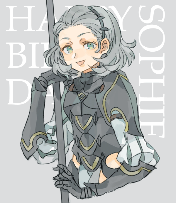 1girl armor fire_emblem fire_emblem_fates gauntlets grey_eyes grey_hair hairband holding holding_lance holding_polearm holding_weapon lance looking_at_viewer open_mouth polearm short_hair shoulder_armor shourou_kanna sophie_(fire_emblem) turtleneck upper_body weapon
