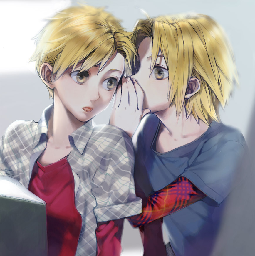 2boys alphonse_elric arms_at_sides backlighting bangs black_shirt blonde_hair blurry blurry_background brothers collarbone covered_mouth cupping_hand depth_of_field edward_elric expressionless fingernails fullmetal_alchemist grey_background grey_shirt hand_up head_tilt layered_sleeves long_sleeves looking_afar looking_at_another looking_to_the_side lower_teeth male_focus multiple_boys noako open_clothes open_shirt parted_lips plaid plaid_shirt profile red_shirt shiny shiny_hair shirt short_over_long_sleeves short_sleeves siblings side-by-side sidelighting simple_background swept_bangs teeth undershirt upper_body whispering yellow_eyes