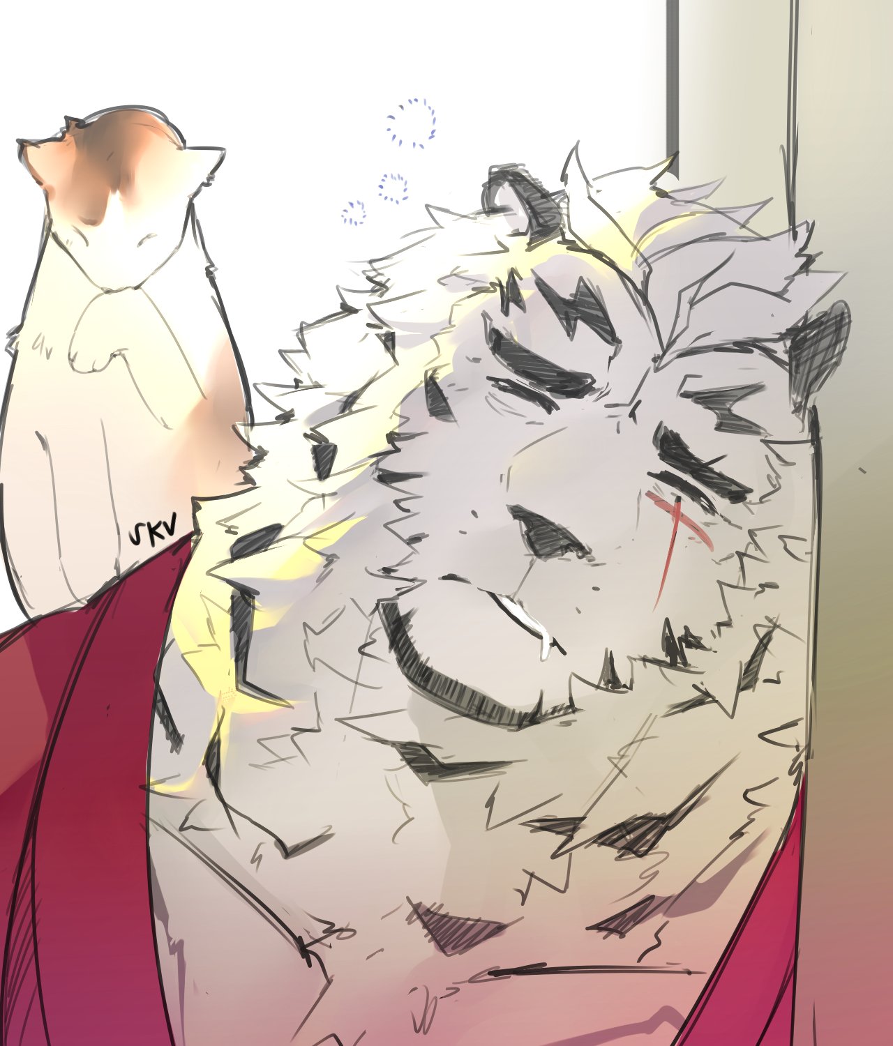 1boy animal_ears arknights cat drooling face furry highres male_focus mountain_(arknights) sak_(sakarov_) scar scar_across_eye short_hair sleeping solo thick_eyebrows tiger_boy tiger_ears upper_body white_fur white_hair