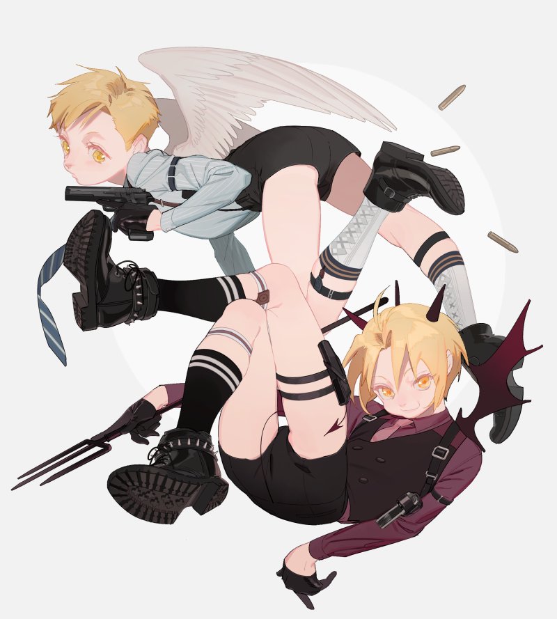 2boys alphonse_elric angel_wings ankle_boots argyle argyle_legwear armband arms_at_sides beige_background belt black_belt black_footwear black_gloves black_shorts black_vest blonde_hair blue_neckwear blue_shirt boots brothers circle closed_mouth collared_shirt demon_horns demon_tail demon_wings edward_elric facing_viewer feathered_wings feet_up floating full_body fullmetal_alchemist gloves gun handgun holding holding_gun holding_weapon holster horns leather leather_gloves looking_to_the_side multiple_boys necktie oxfords p0ckylo pink_neckwear pistol pitchfork red_shirt rotational_symmetry shin_strap shirt shoe_soles shoes short_shorts shorts shoulder_holster siblings simple_background skindentation sock_garters socks spiked_boots spikes striped striped_neckwear striped_shirt suspenders tail tareme thigh_holster thighs two-tone_background vest weapon white_background white_legwear white_wings wings yellow_eyes