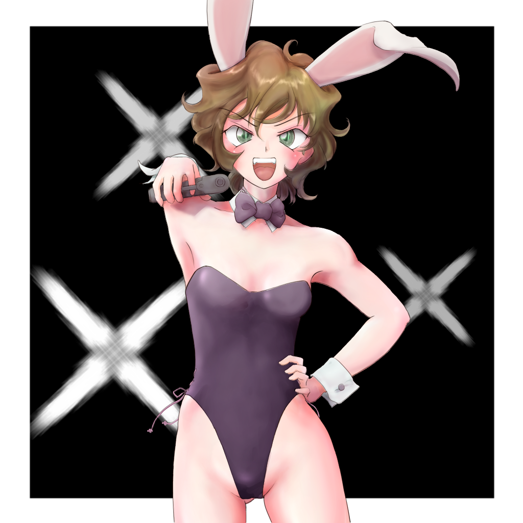 1girl aiming aiming_at_viewer animal_ears black_leotard black_neckwear bow bowtie breasts brown_hair bunny_tail commentary_request detached_collar ebitama_(ebitamamix) green_eyes gun holding holding_gun holding_weapon leotard meitantei_conan open_mouth playboy_bunny rabbit_ears sera_masumi short_hair small_breasts smile solo strapless strapless_leotard tail upper_teeth wavy_hair weapon wrist_cuffs